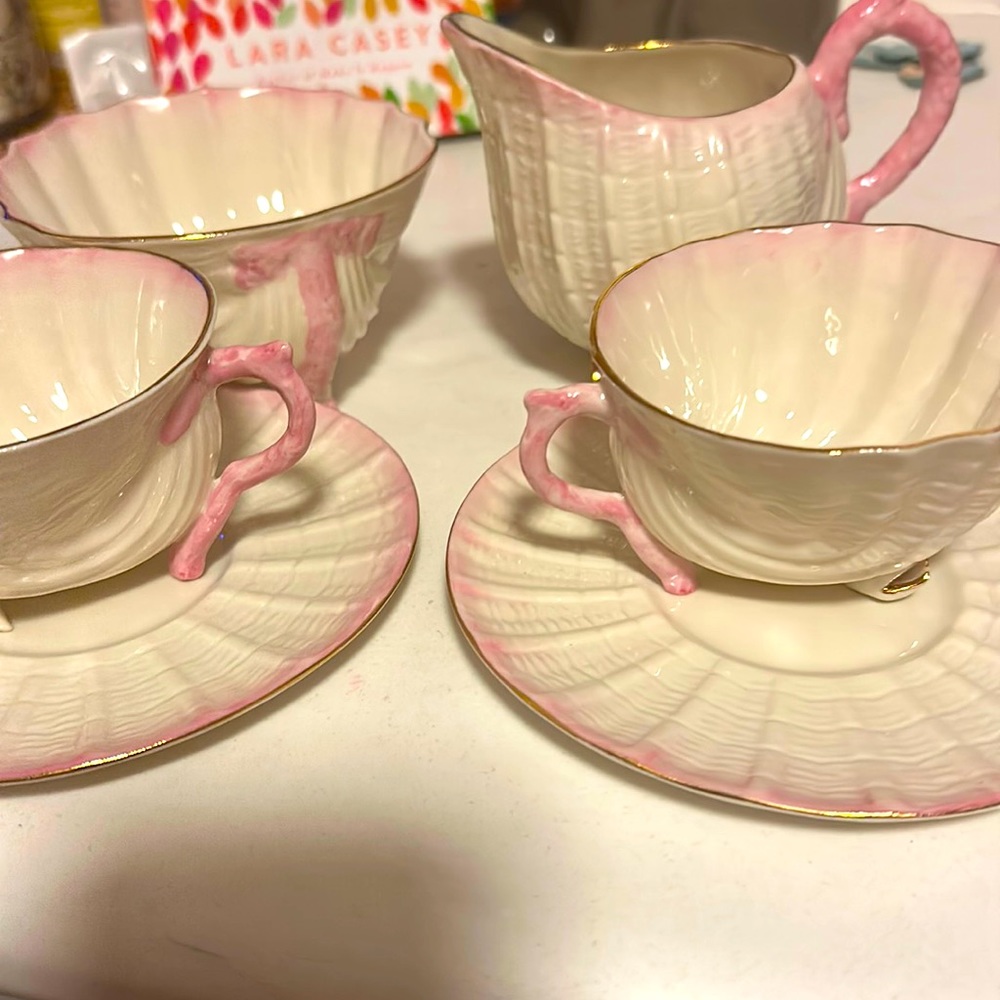 💕Rare Belleek Ireland pink shell tea set for two